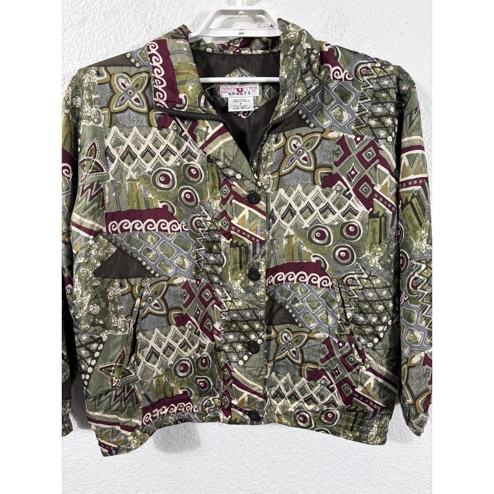 Vintage Stunt Sports Jacket Womens Medium Green Silk Bomber Geometric Print 80s
